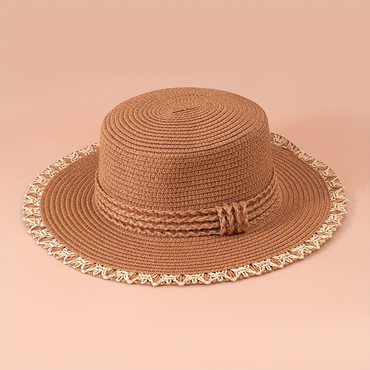 Flat Top Stitching Sun Hat Khaki Wide Brim Sunscreen Straw Hat