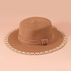 Flat Top Stitching Sun Hat Khaki Wide Brim Sunscreen Straw Hat