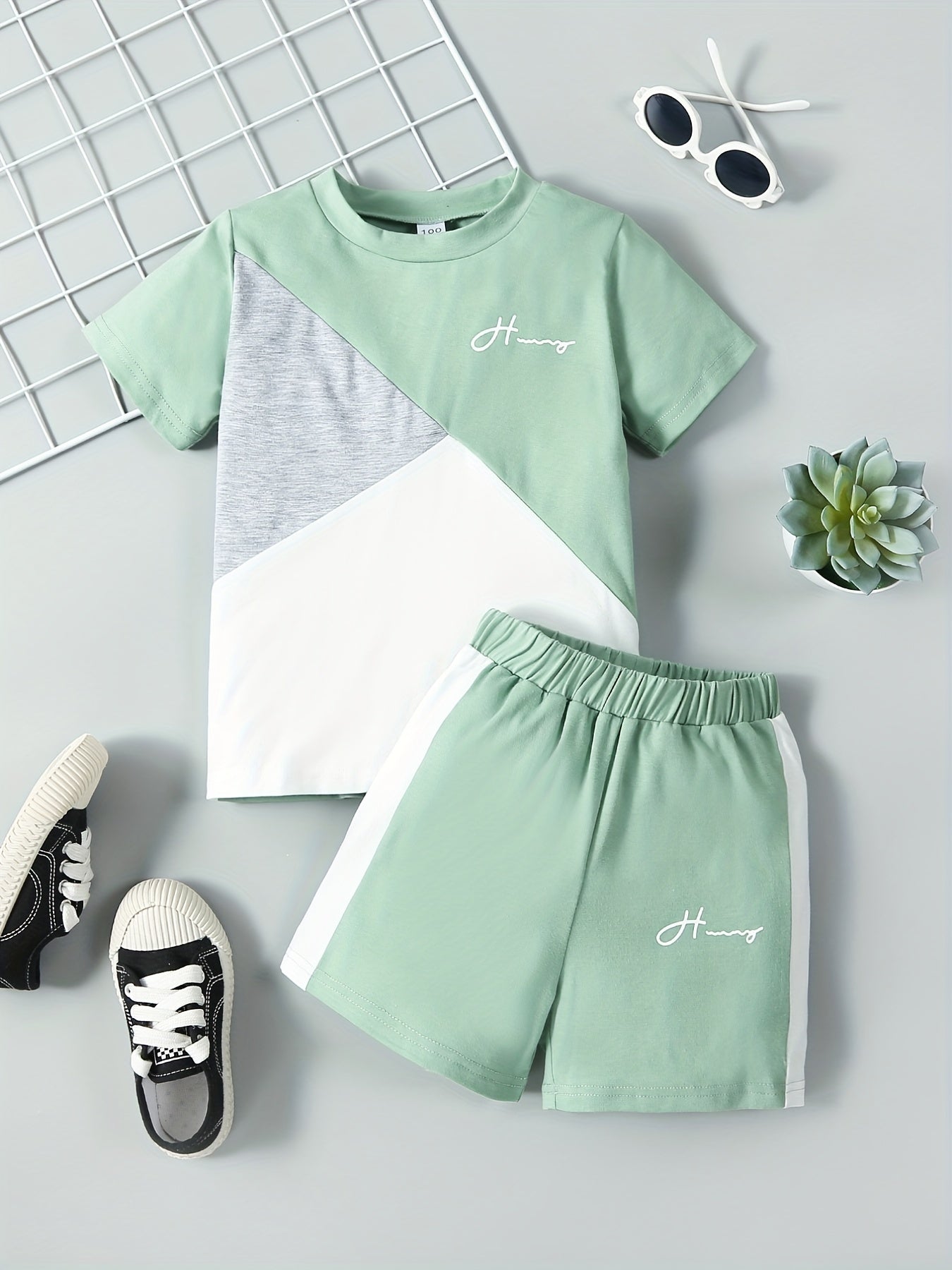 Boys 2pcs Block T shirt & Shorts Set Kids Casual Summer