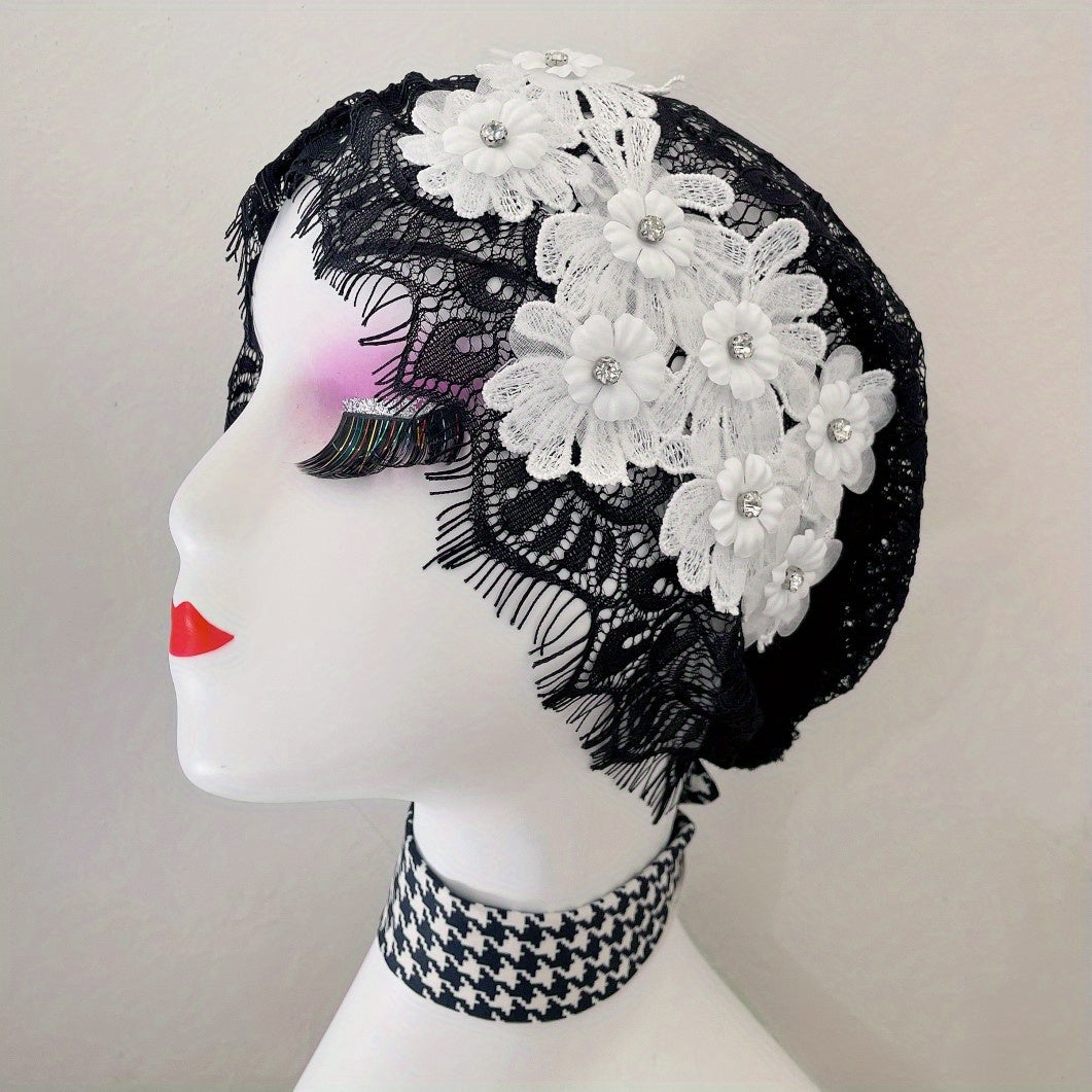 Flower Decor Lace Beanie Hollow Out Turban Cap French Style Head Wrap