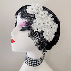 Flower Decor Lace Beanie Hollow Out Turban Cap French Style Head Wrap
