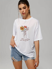 Finger Flower Letter Print Casual T shirts Women's Graphic Tee
