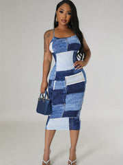 Denim Print Criss Cross Backless Cami Dress