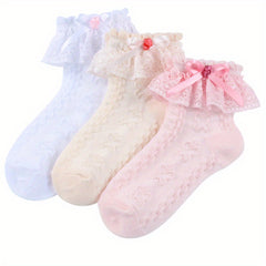 3 Pairs Girls Ruffle Lace Trims Bow Dance Socks Thin Crew Socks