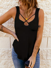 Ruched Keyhole Tank Top Summer Sleeveless Casual Slim Top