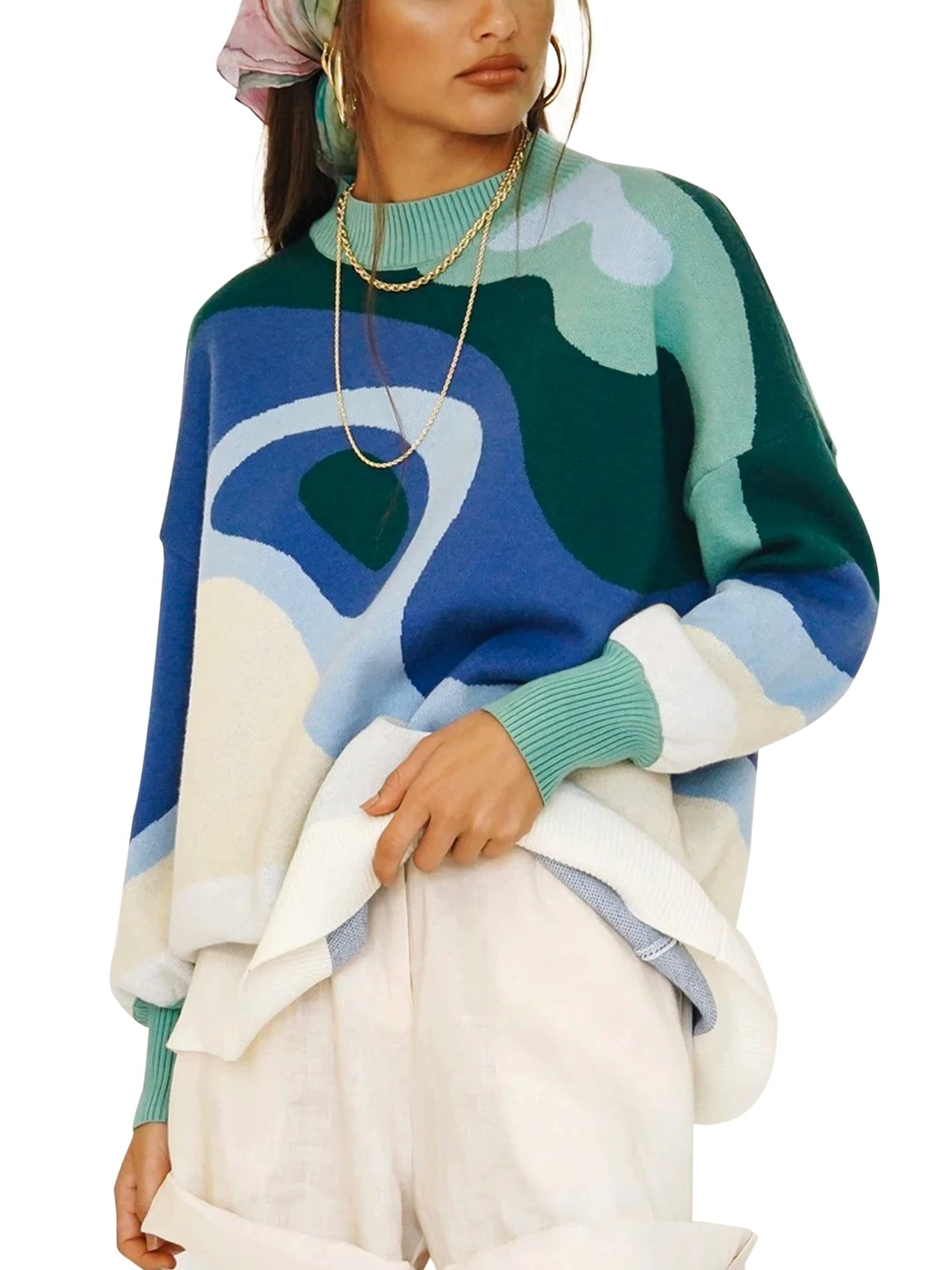 Abstract Print Long Sleeve Mock Neck Sweater