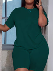 Solid Short Sleeve T shirt & Skinny Shorts Set Women's Plus Slight Str