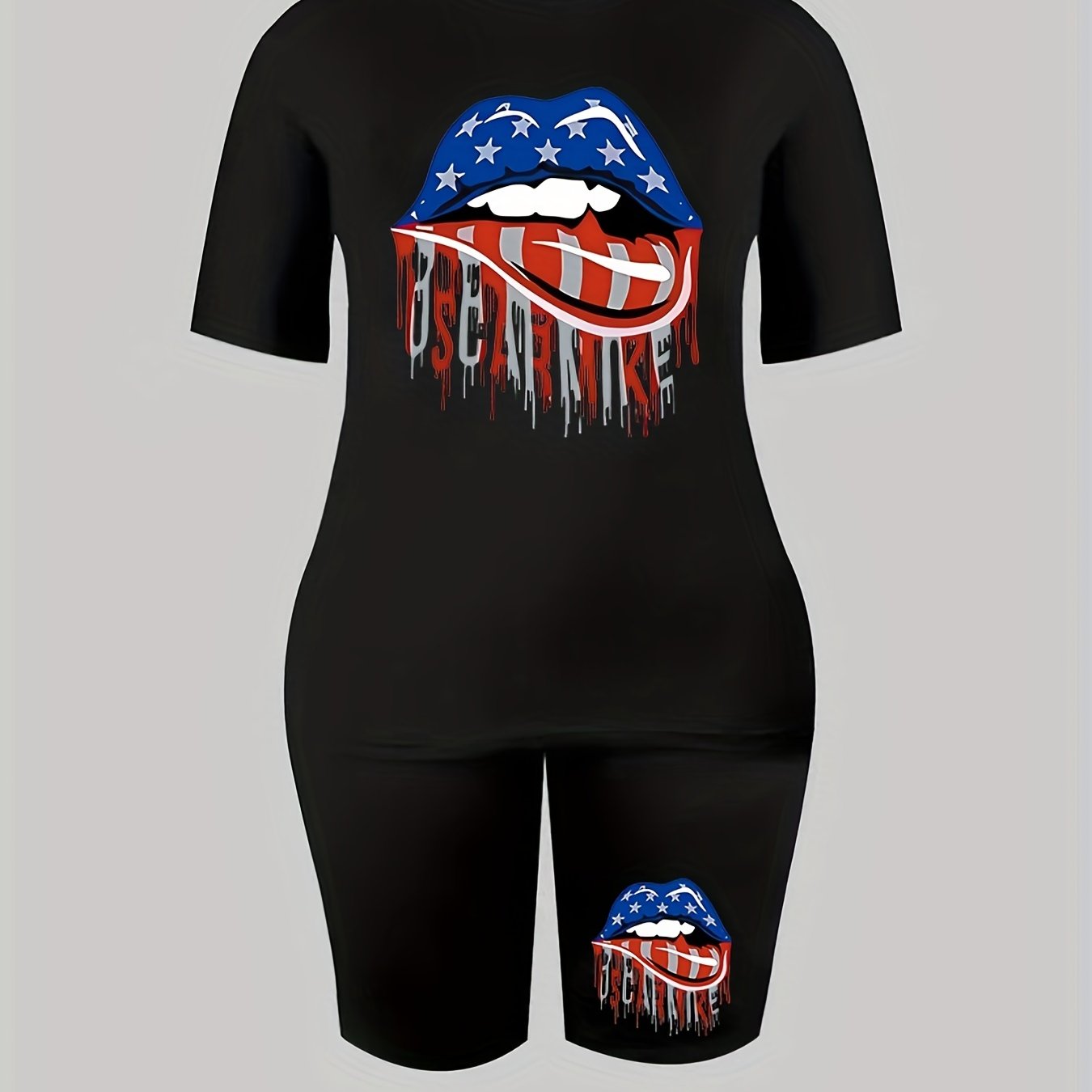 Women's Plus Flag Lip Print Crew Neck Short Sleeve Top & Shorts Outfit Set