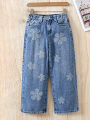 Girls Flowers Graphic Cotton Jeans Casual Pocket Denim Pants