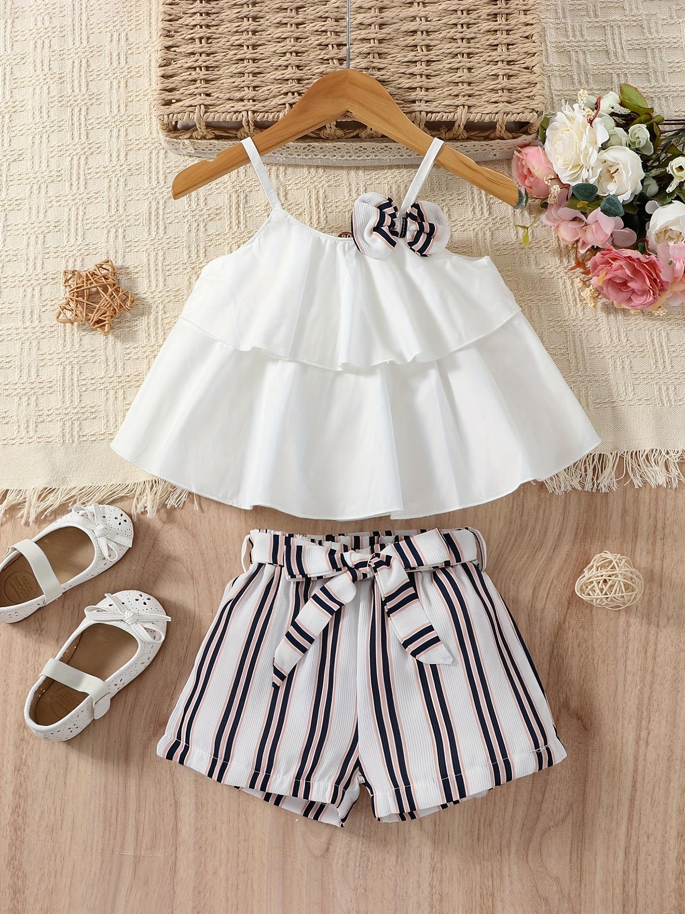 Girls Ruffled Cami Top & Striped Bow Belt Shorts Set