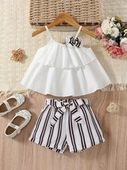 Girls Ruffled Cami Top & Striped Bow Belt Shorts Set