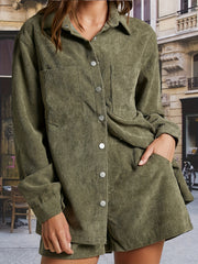 Plus Solid Long Sleeve Corduroy Shirt & Shorts Set