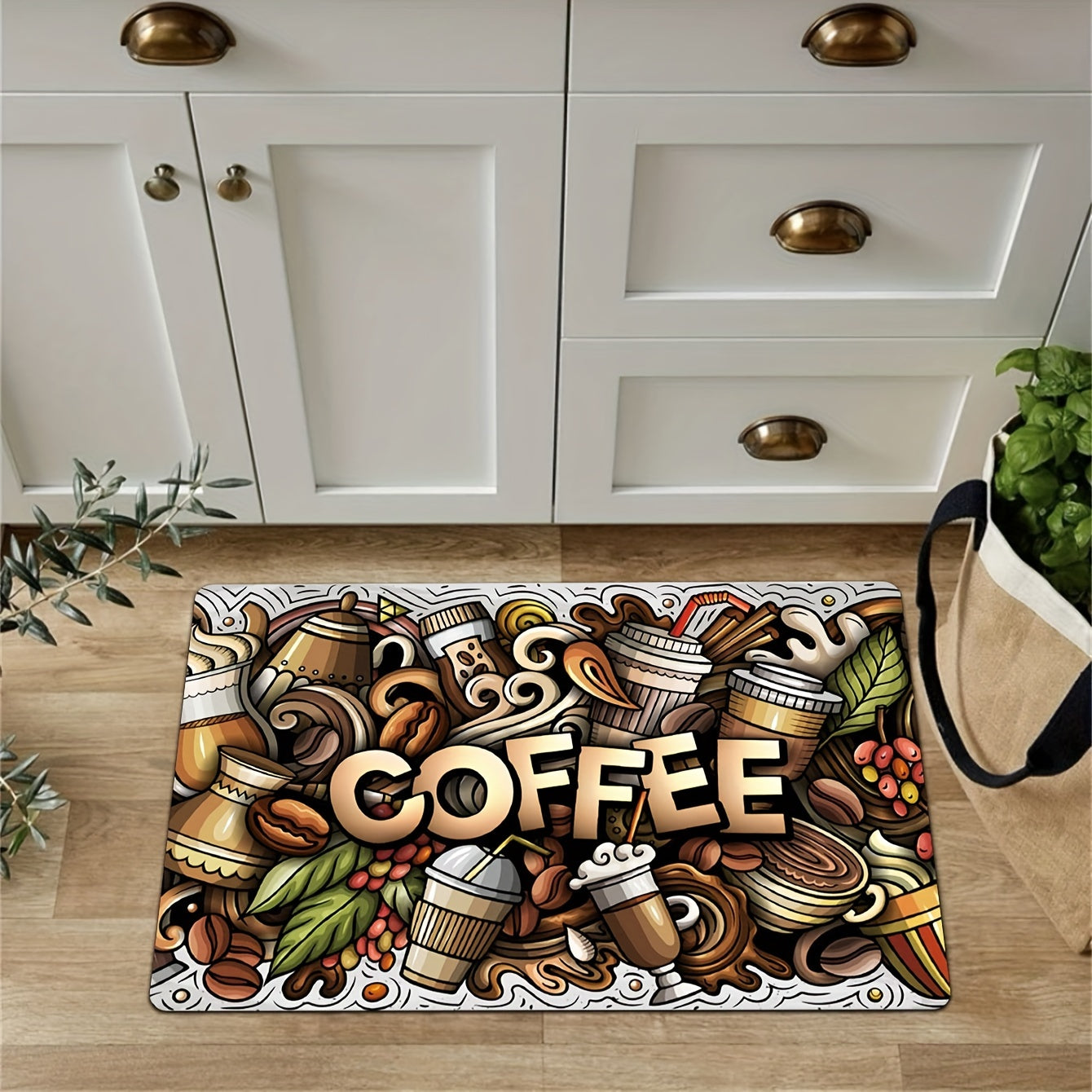 Creative Painting Style Kitchen Mat Colorful Coffee Pattern Rug