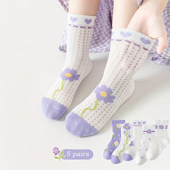 5 Pairs Girls Kids Lace Socks Flower Pattern Cotton Crew Socks 1-11 Years