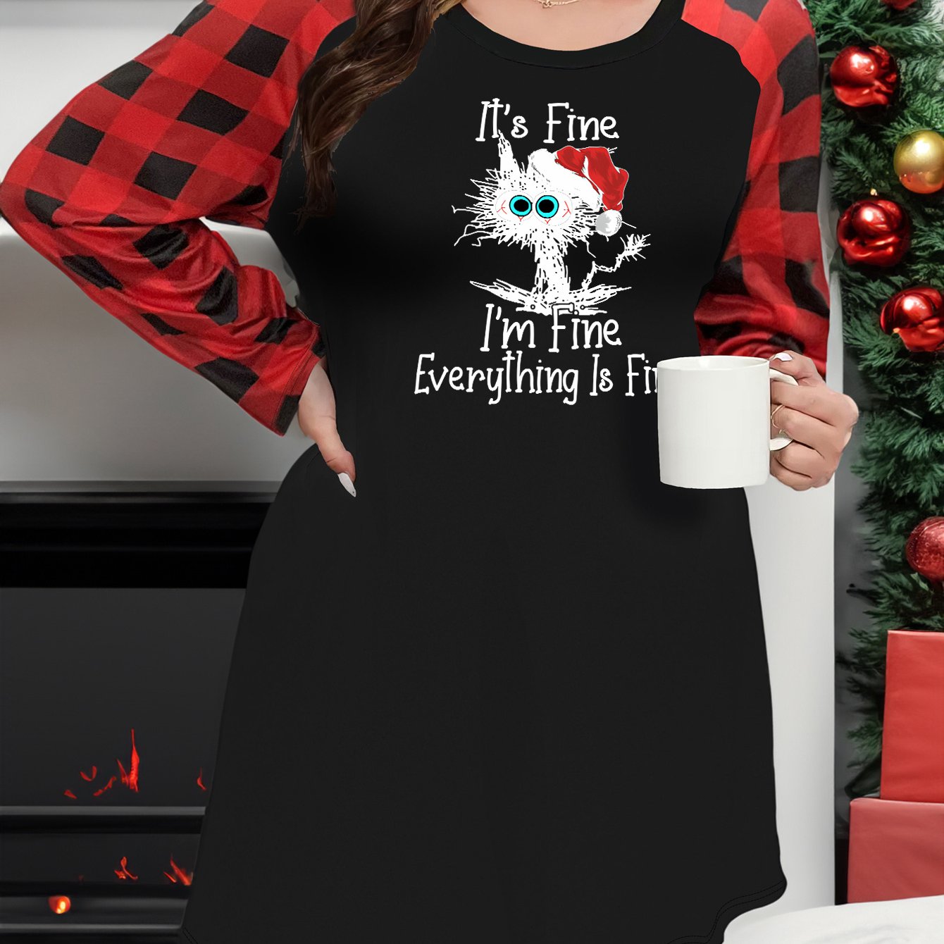 Christmas Cat Print Plaid Raglan Sleeve Nightdress