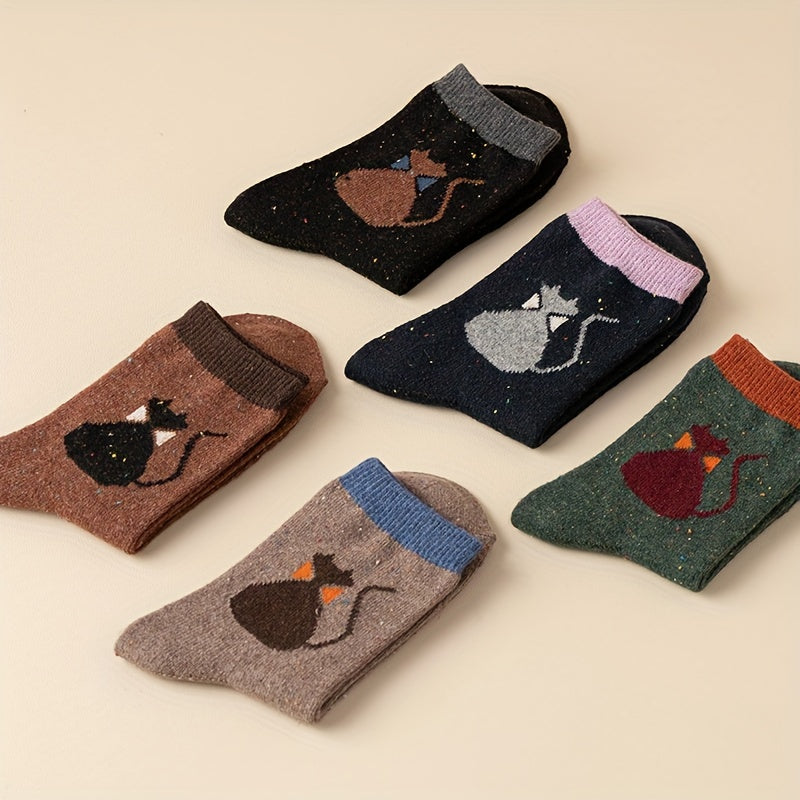 5 Pairs Cartoon Cat Print Crew Socks Women's Stockings