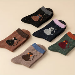 5 Pairs Cartoon Cat Print Crew Socks Women's Stockings