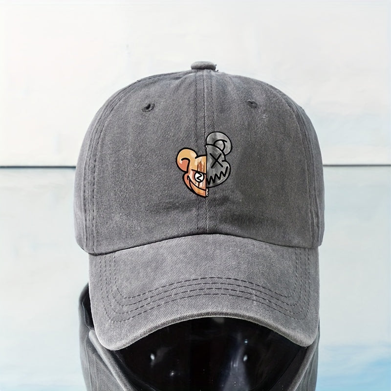 Skull Bear Print Baseball Cap Washed Distressed Vintage Cartoon Dad Hat Unisex