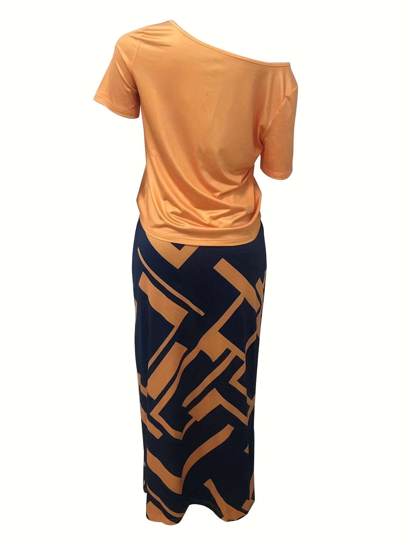 Letter Print Cold Shoulder Top & Geo Print Skirt Set