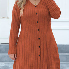 Solid Ribbed Button Long Sleeve V-Neck Mini Dress
