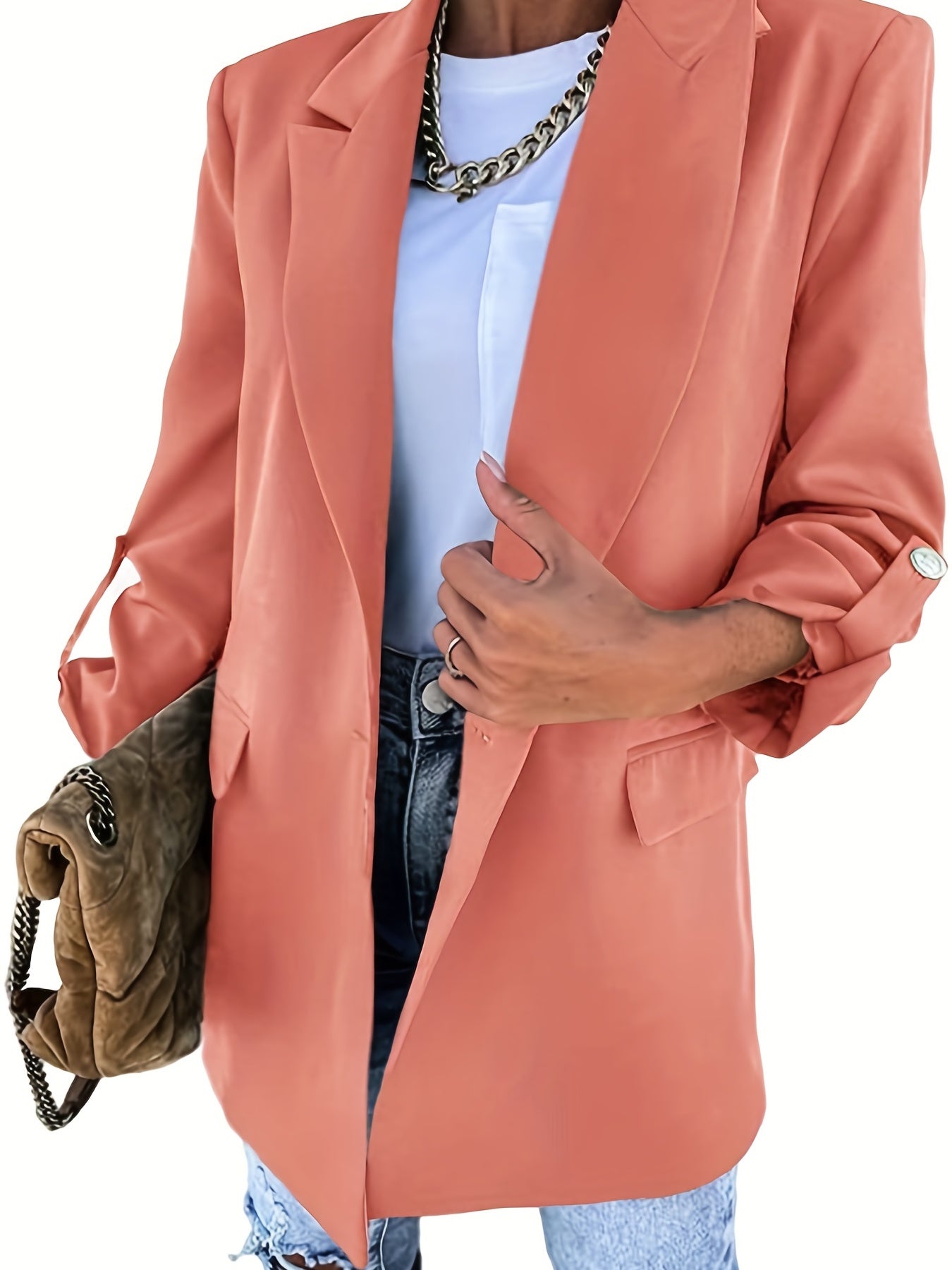 Solid Blazer Casual Roll Up Long Sleeve One Button Work Office Outerwear