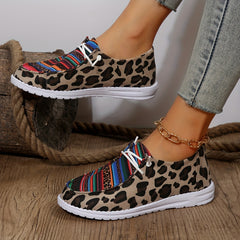 Women's Stripe & Leopard Print Boat Shoes Lace Up Walking Shoes