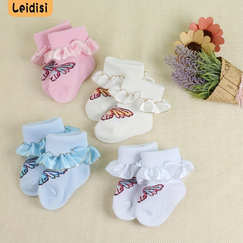 3 Pairs Baby Girl Dress Socks Butterfly Pattern Lace Ruffled Socks