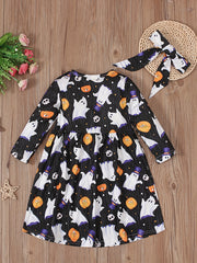 Girls Halloween Pumpkin Pattern Long-sleeved Dress Set