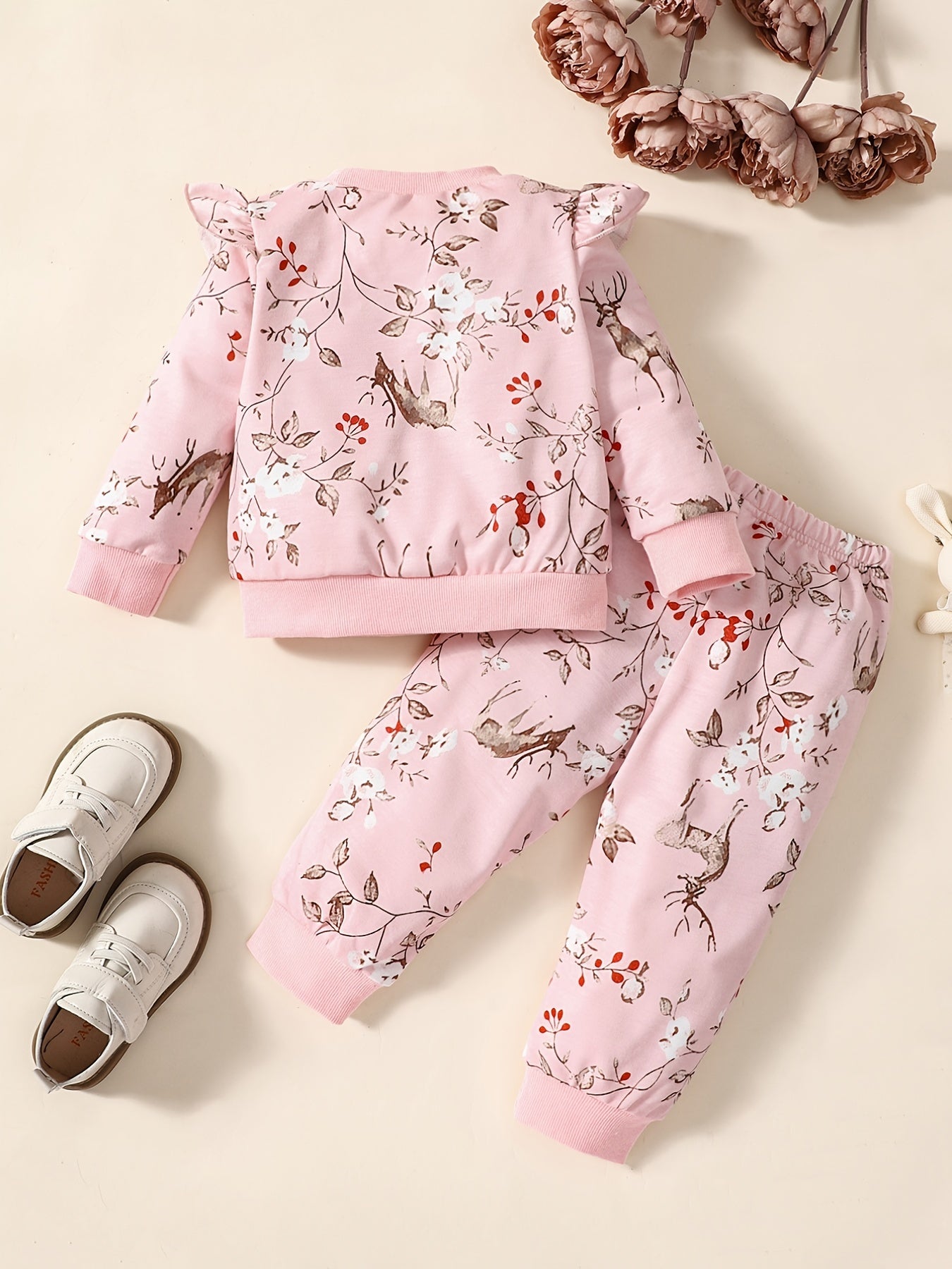 2pcs Baby Girls Deer And Flowers Print Sweatshirt & Pants Set
