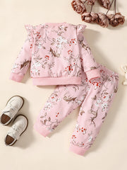 2pcs Baby Girls Deer And Flowers Print Sweatshirt & Pants Set