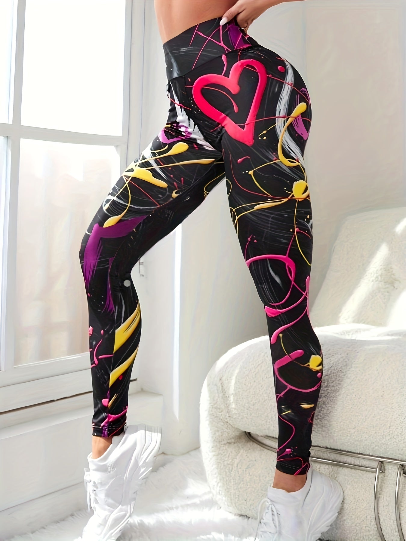 Heart Graffiti Print Yoga Leggings High Waist Stretchy Sports Tight Pants