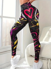 Heart Graffiti Print Yoga Leggings High Waist Stretchy Sports Tight Pants