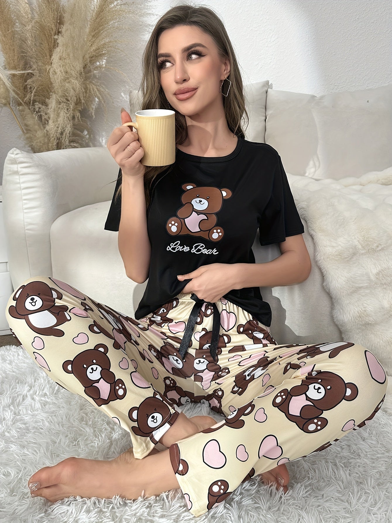 Bear Print Pajama Set Short Sleeve Top & Pants