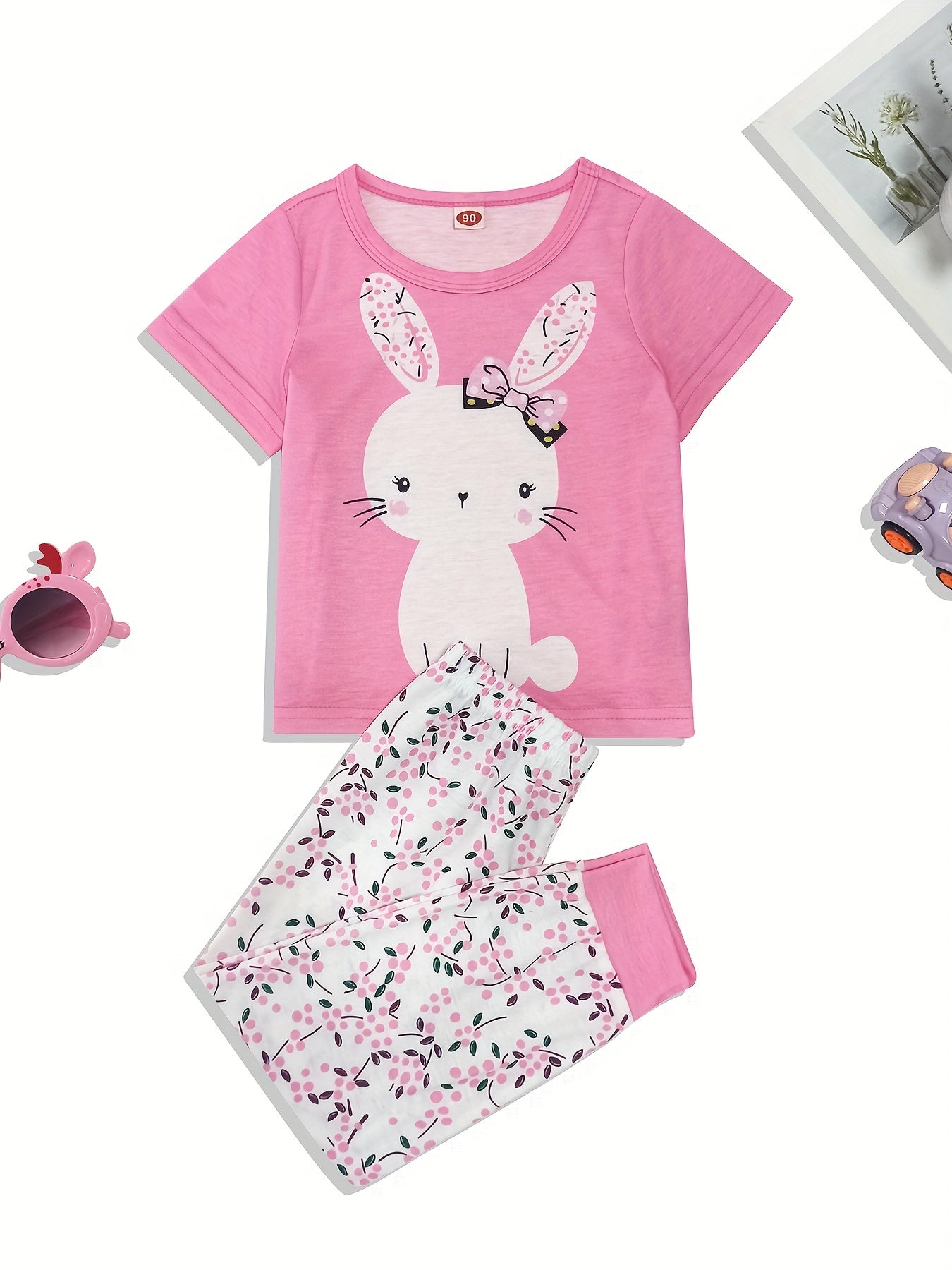 Toddler Girls Pajamas Set Cartoon Print Short Sleeve Top & Matching Pants