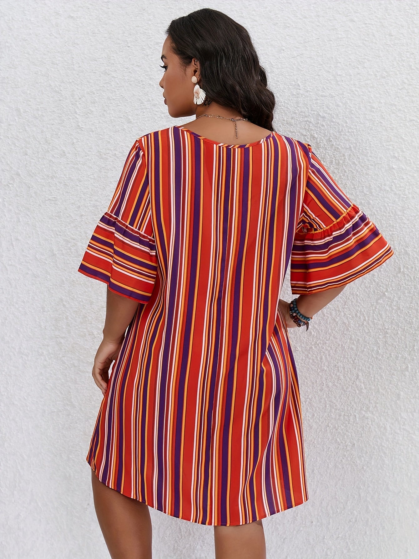 Stripe Print V Neck Loose Fit Mini Dress