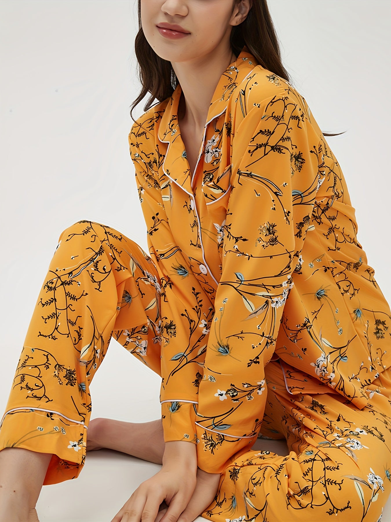 Floral Print Pajama Set Long Sleeve Top & Elastic Waistband Pants