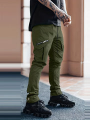 Men's Drawstring Cargo Pants Zip Pocket Slim Fit Outdoor Pants