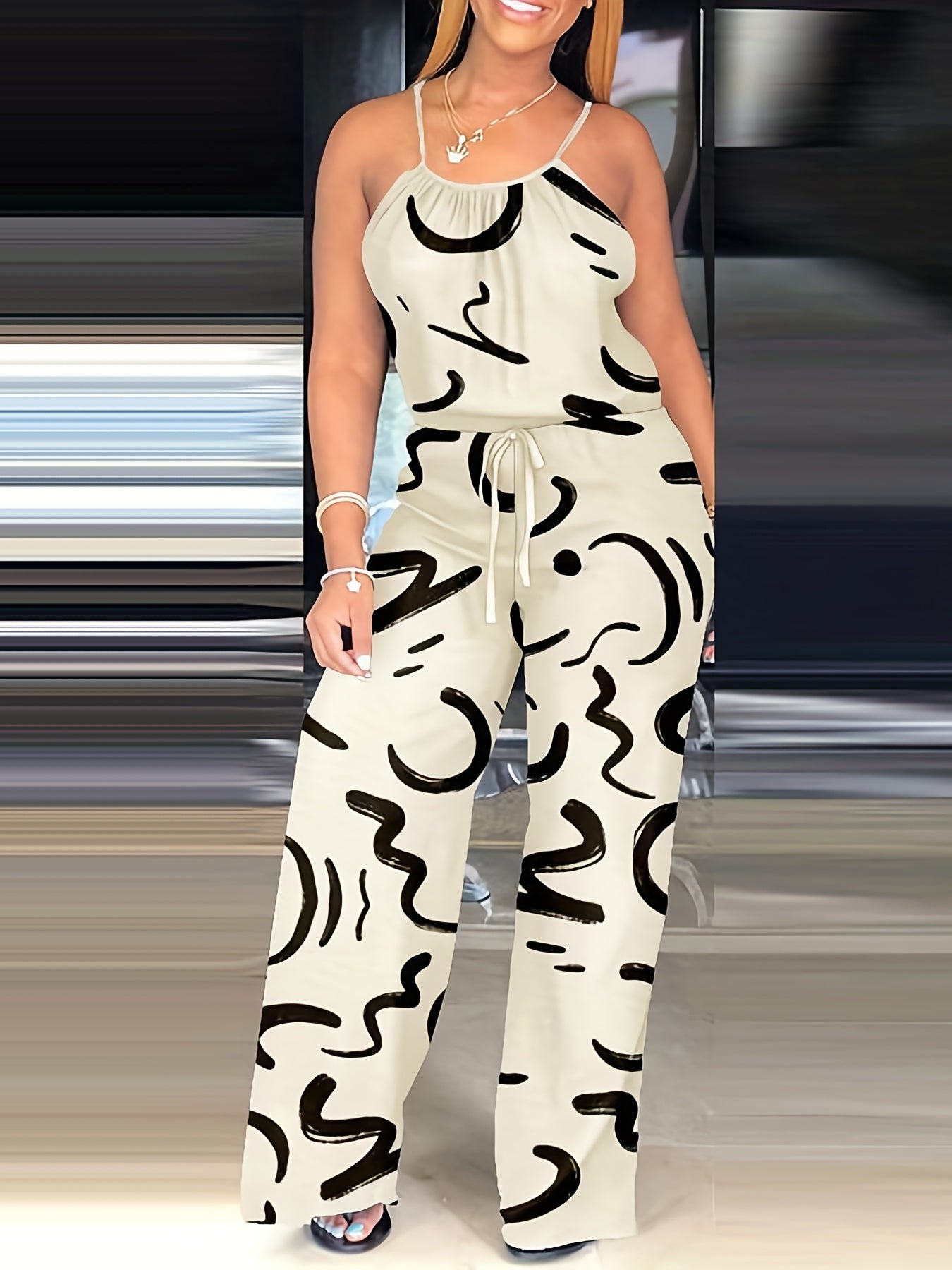 Abstract Print Spaghetti Strap Jumpsuit Casual Drawstring Wide Leg Jumpsuit