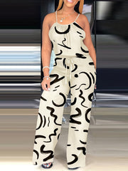 Abstract Print Spaghetti Strap Jumpsuit Casual Drawstring Wide Leg Jumpsuit