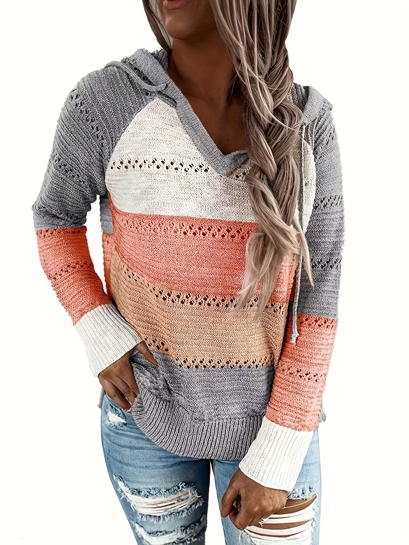 Block Hooded Knit Sweater V Neck Long Sleeve Casual Women's Clothing