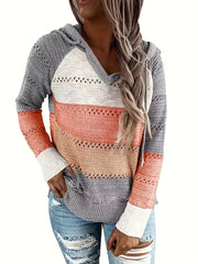Block Hooded Knit Sweater V Neck Long Sleeve Casual Women's Clothing