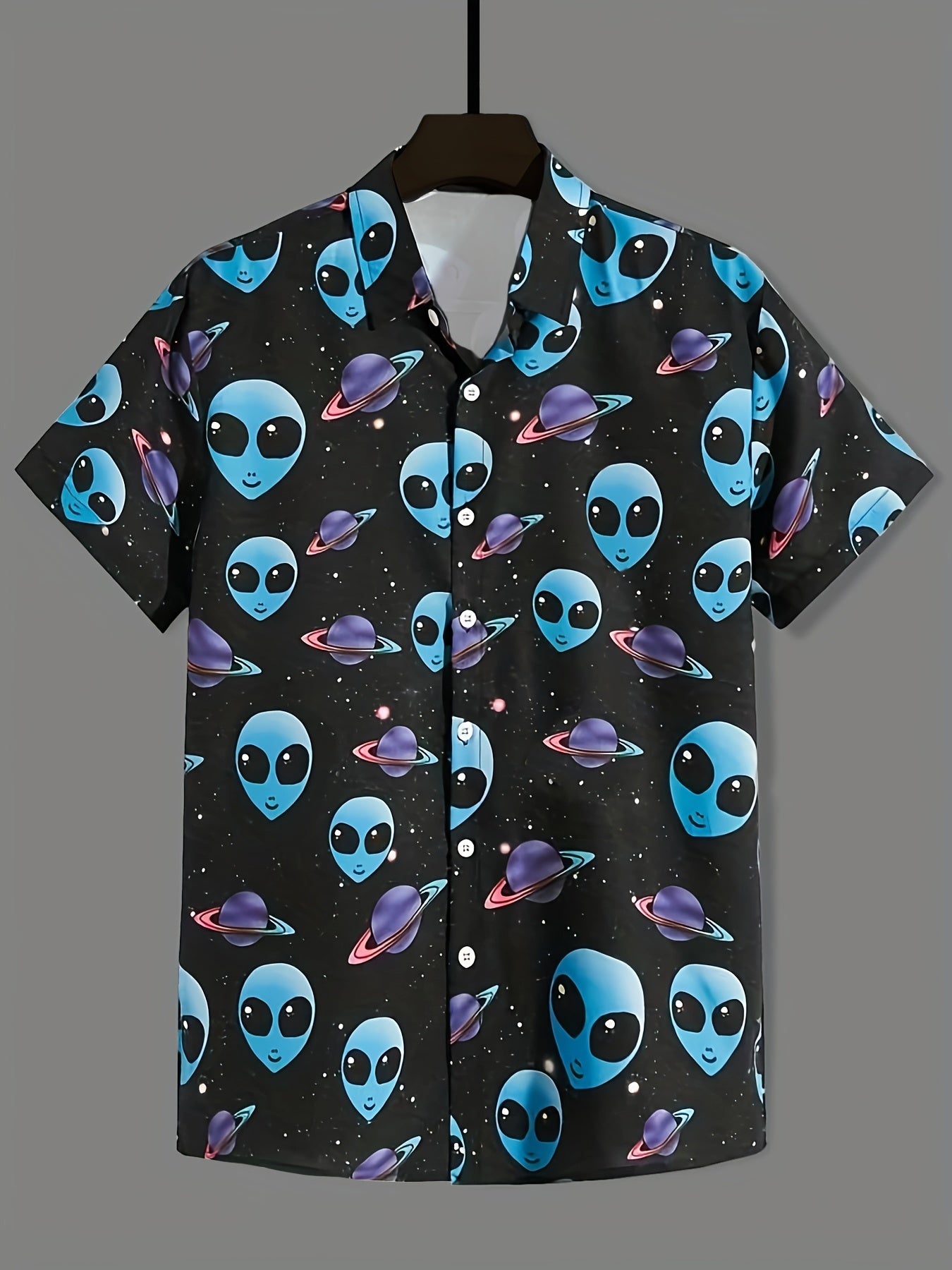 Alien And Planet Pattern Men's Short Sleeve Shirt For Autumn