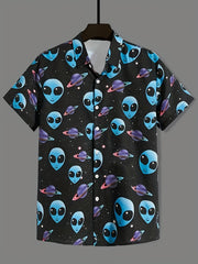 Alien And Planet Pattern Men's Short Sleeve Shirt For Autumn