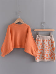 Girls Thermal Knit Sweater & Leopard Print Skirt Set Winter Party Orange