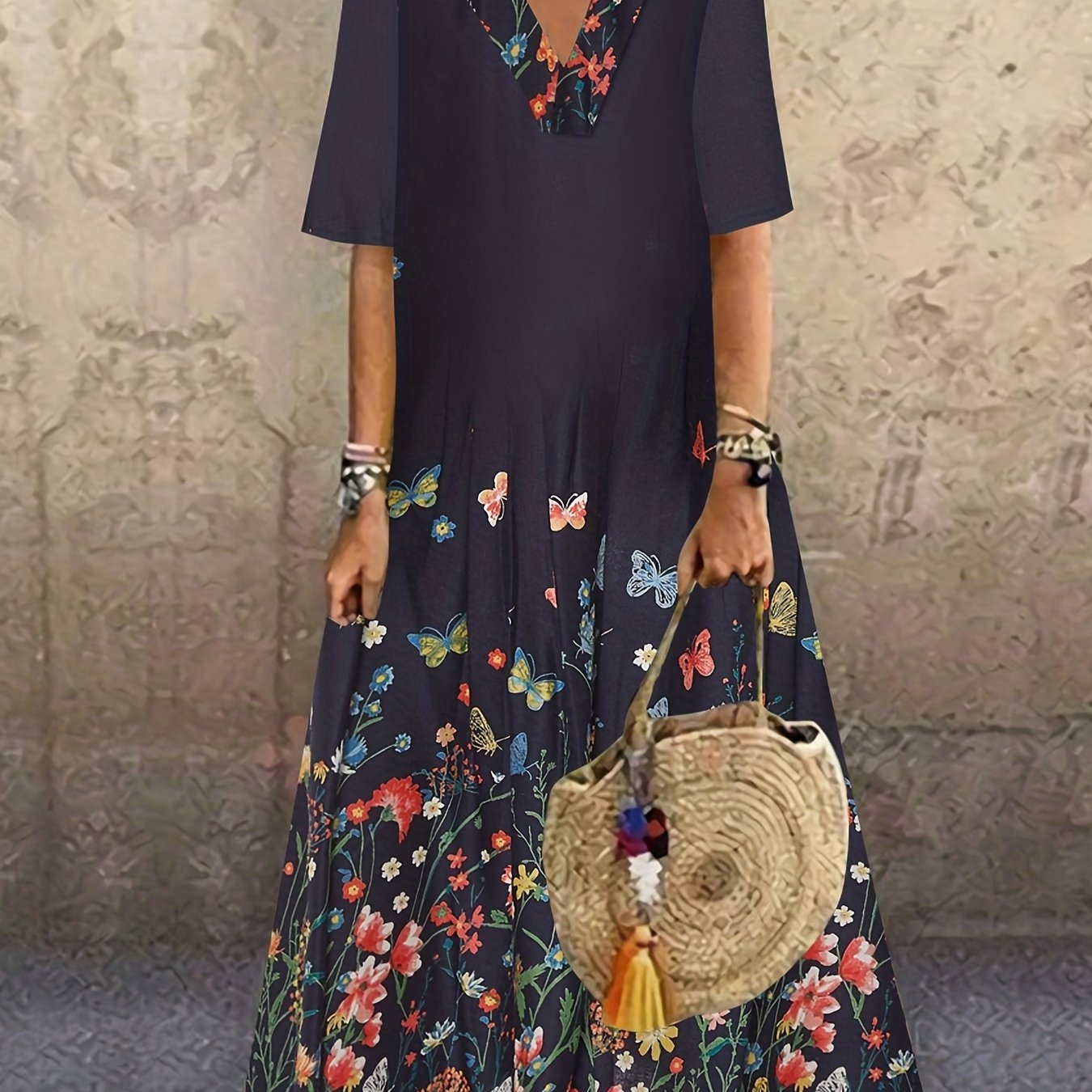 Floral Print V Neck Maxi Dress