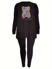 Women's Plus Bear & Letter Print Top & Leggings Set