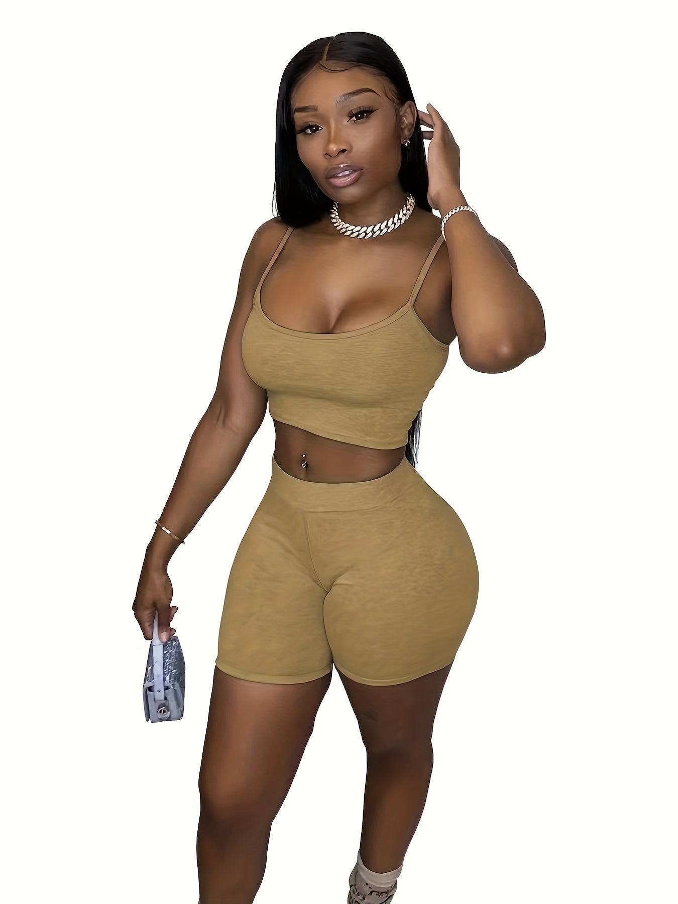 Sexy Slim 2pc Set Crop Cami Top & High Waist Shorts Outfits