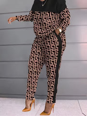 Geo Print Two piece Set Long Sleeve T shirt & High Waist Pants