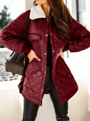 Argyle Print Parka Button Front Long Sleeve Warm Outerwear