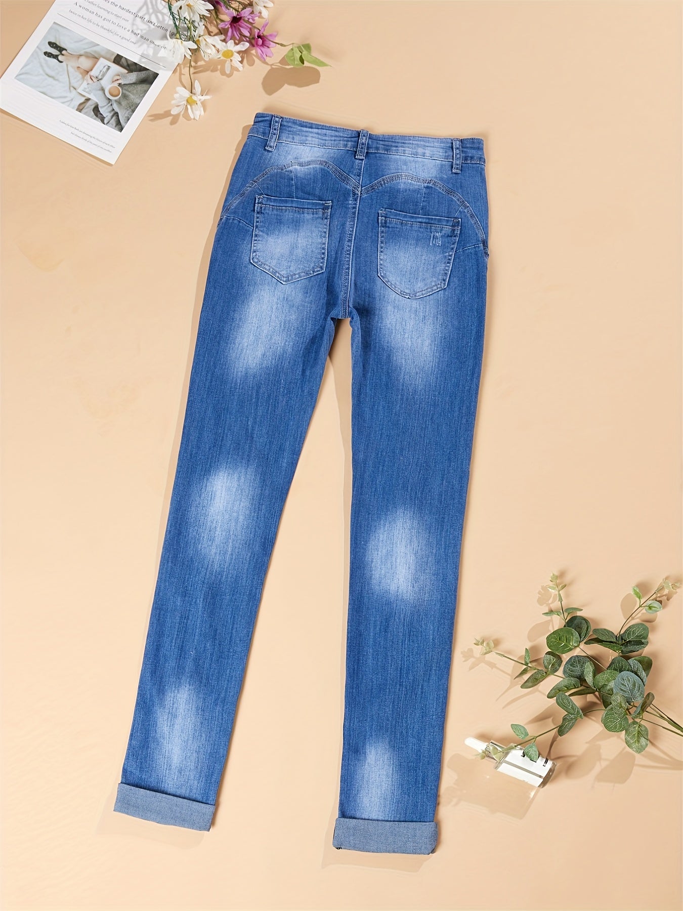 Mid Stretch Distressed Denim Pants Women's Denim Jeans & Clothing